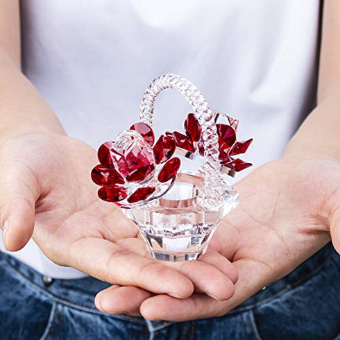 Crystal Red Rose Flower Basket Crystal Collectible Figurines Ornaments for Home Decor